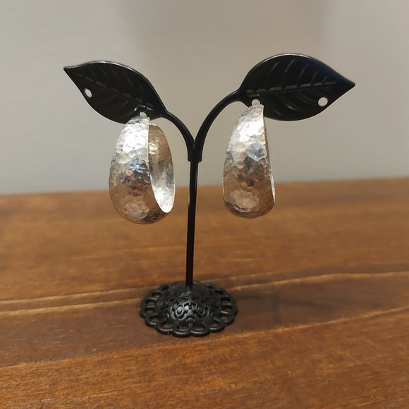 Handmade Mexican 925 Silver Hammered 3/4 Hoop Earrings - Clamshell - Picture 2 of 8